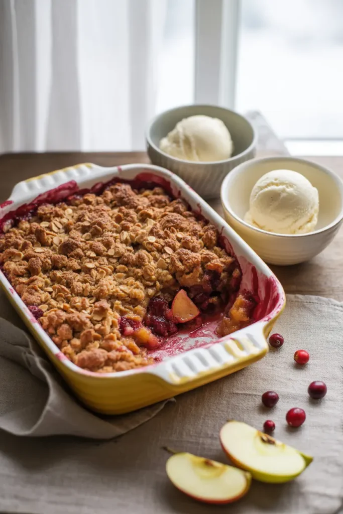 A large baking dish of a warm apple cranberry crumble with a gluten-free oat topping, being served with both regular and dairy-free vanilla ice cream.