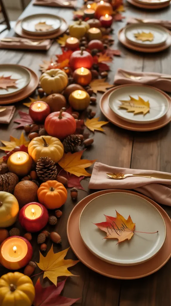 An elegant Thanksgiving tablescape with a natural centerpiece of gourds and pine cones, linen napkins, and leaf place cards.