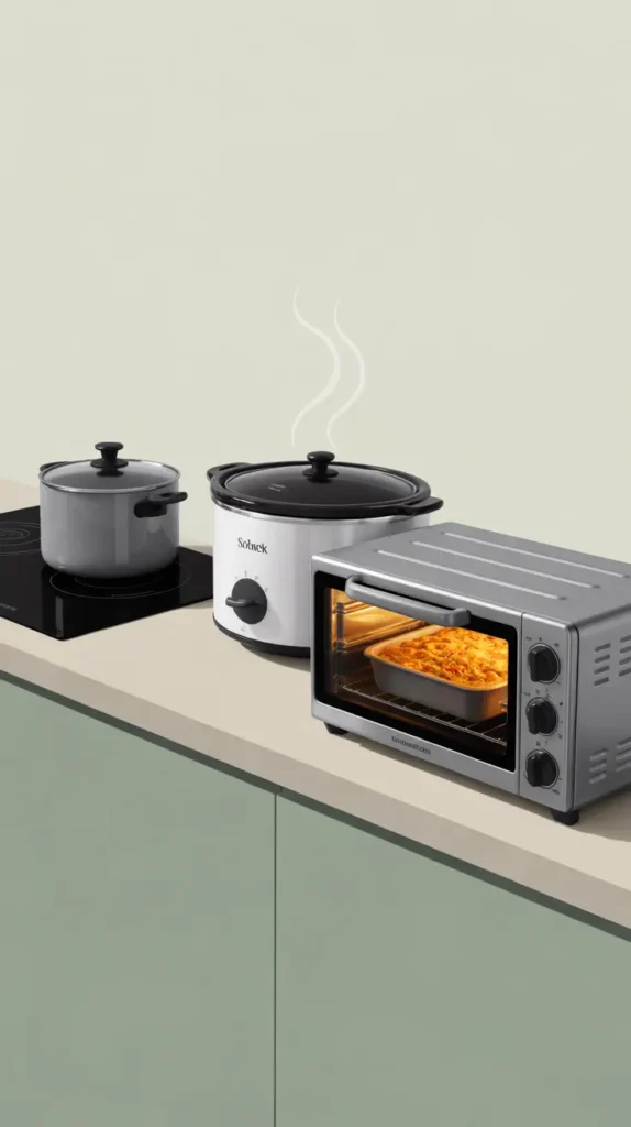 A clean, graphic illustration of a kitchen with energy-efficient appliances like a slow cooker and a toaster oven in use.
