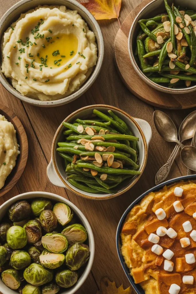 A top-down view of a Thanksgiving table laden with classic side dishes like mashed potatoes, green beans, and yams.