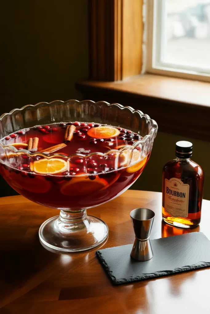 A large glass punch bowl filled with a non-alcoholic Thanksgiving punch, garnished with orange slices and cranberries, with a bottle of bourbon next to it for optional spiking.