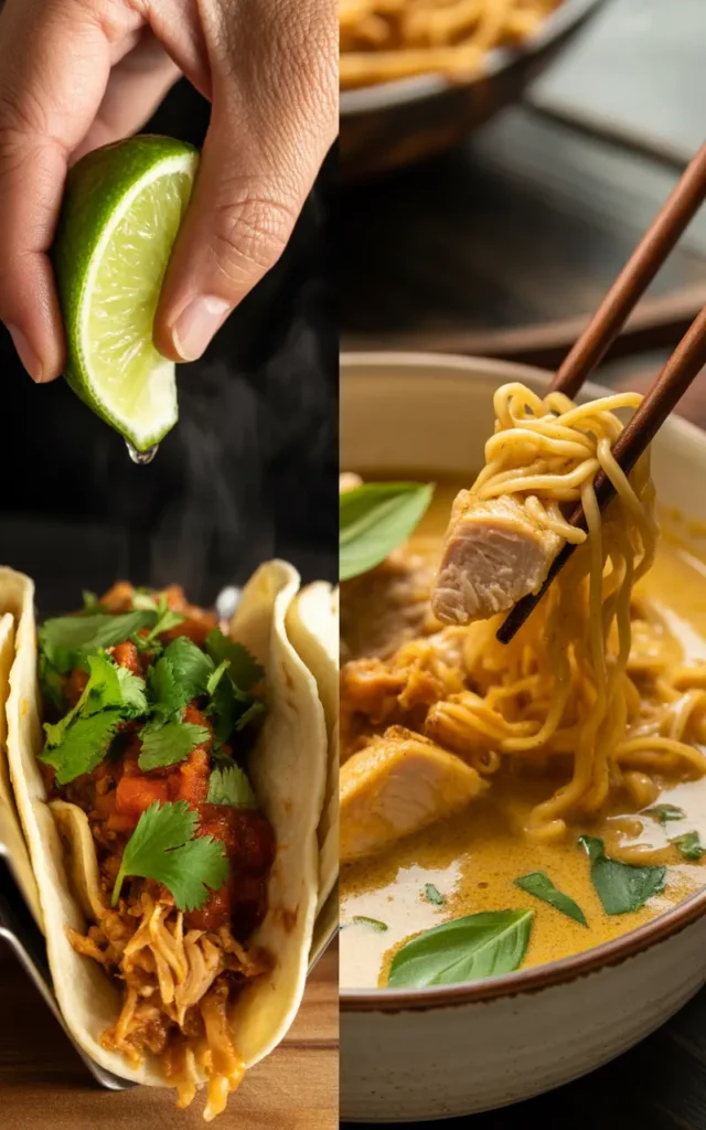 A split image showing leftover turkey transformed into sizzling street tacos on one side and fragrant Thai green curry on the other.