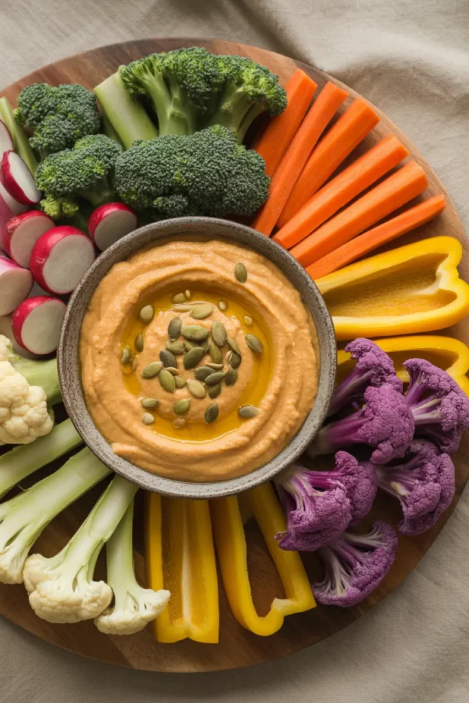 A top-down view of a harvest vegetable crudité board with rainbow carrots, endive, and radishes surrounding a bowl of pumpkin hummus.