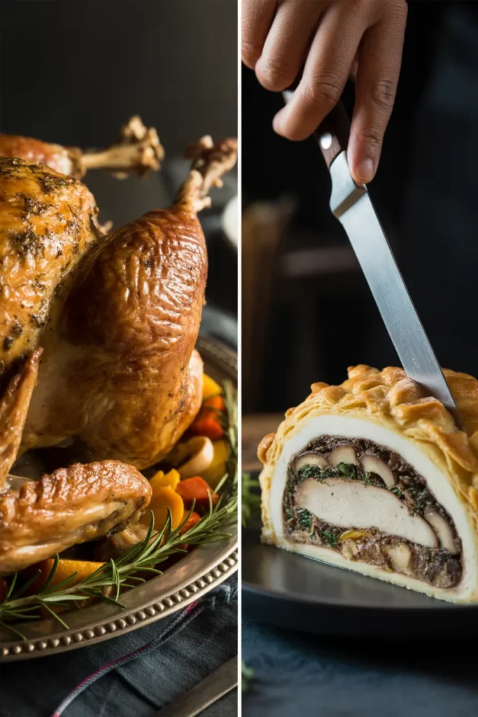 A split image showing a traditional roast turkey on the left and a golden-brown, sliceable mushroom Wellington on the right.