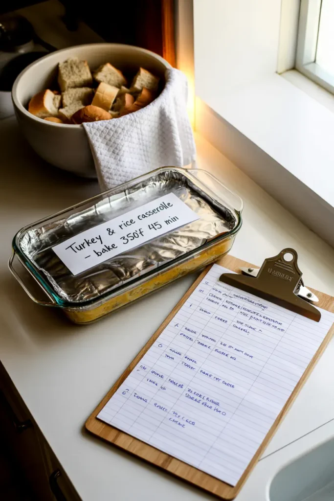 An organized kitchen counter showing make-ahead Thanksgiving dishes and a handwritten cooking timeline on a clipboard.