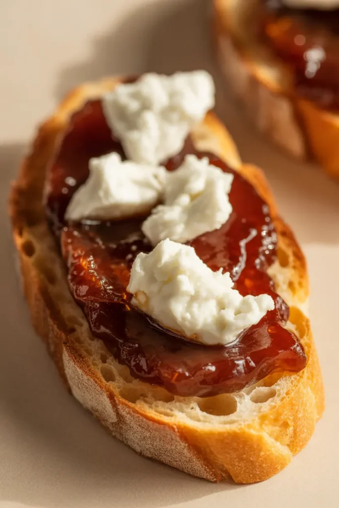 Toasted baguette crostini topped with a thick spread of maple bourbon bacon jam and crumbled goat cheese.
