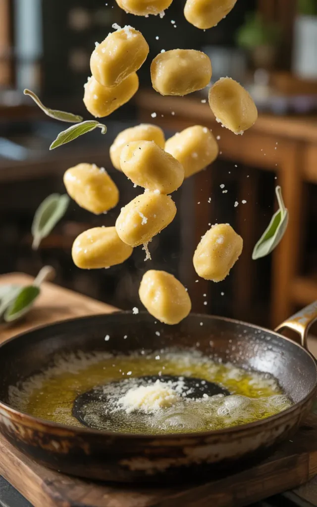 Mashed potato gnocchi being tossed in a hot pan with brown butter, crispy sage, and Parmesan cheese.
