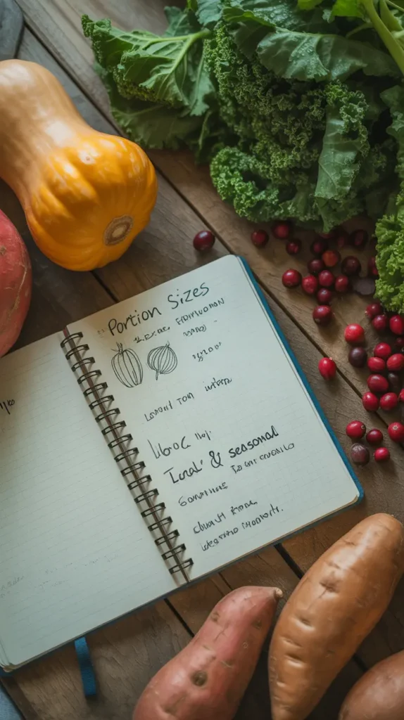 A flat-lay photo of a rustic wooden table with an open recipe notebook surrounded by fresh fall vegetables like kale, squash, and cranberries.