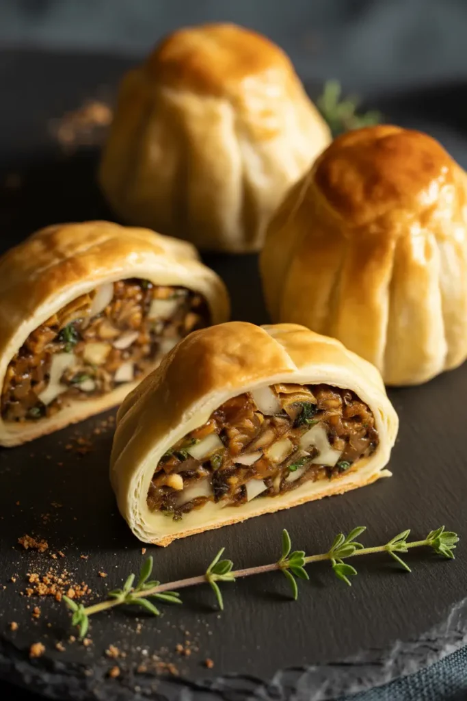 Golden-brown, flaky mini mushroom Wellingtons on a slate platter, with one cut open to show the savory mushroom filling.