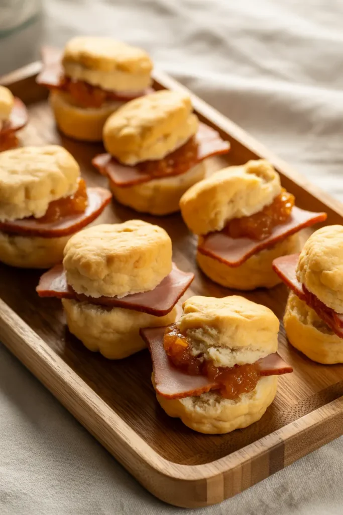 Small, fluffy sweet potato biscuits split and filled with a slice of country ham and a dollop of apple butter.