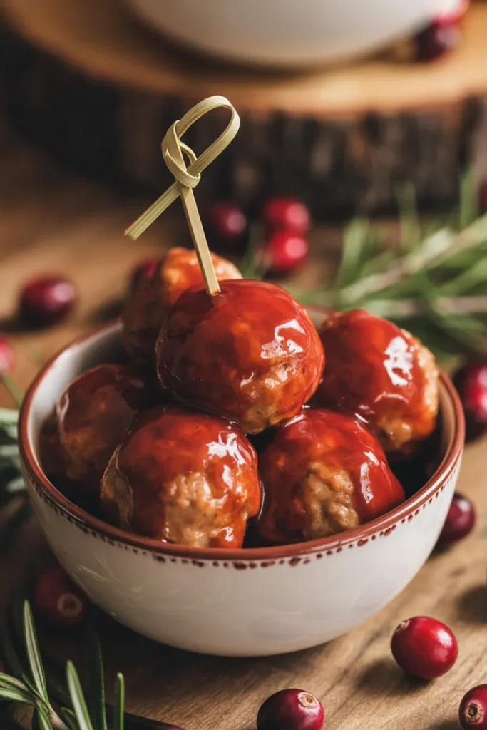 A bowl of mini turkey meatballs coated in a shiny, deep-red cranberry glaze, with a cocktail pick for serving.