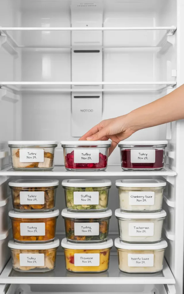 A clean and organized refrigerator shelf with Thanksgiving leftovers stored in matching, labeled glass containers.