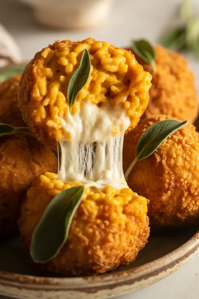Crispy pumpkin sage arancini on a platter, with one cut in half to show the creamy risotto and a mozzarella cheese pull.
