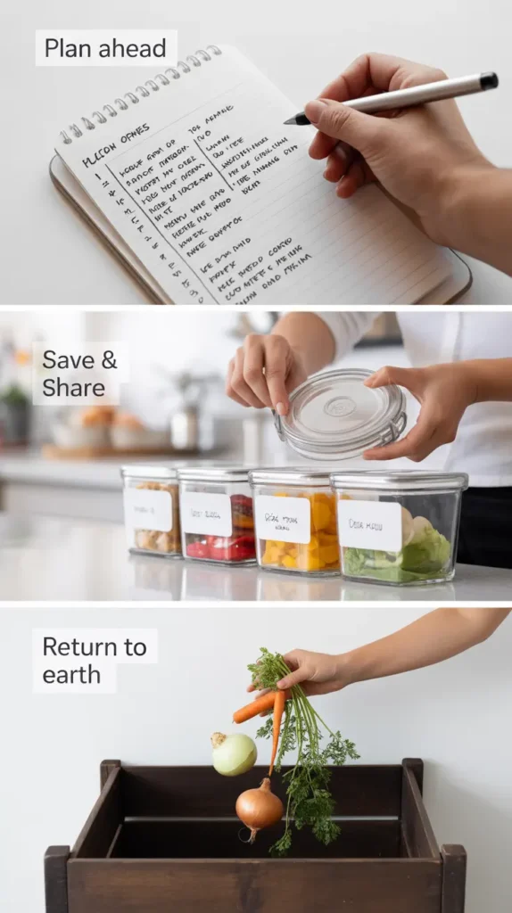 A triptych infographic illustrating three steps to reduce food waste: planning a list, saving leftovers, and composting scraps.