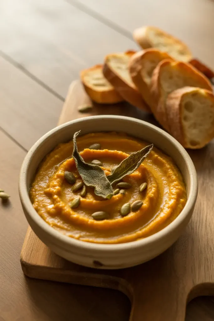 A rustic bowl of creamy roasted butternut squash dip, garnished with crispy sage leaves and served with toasted baguette slices.