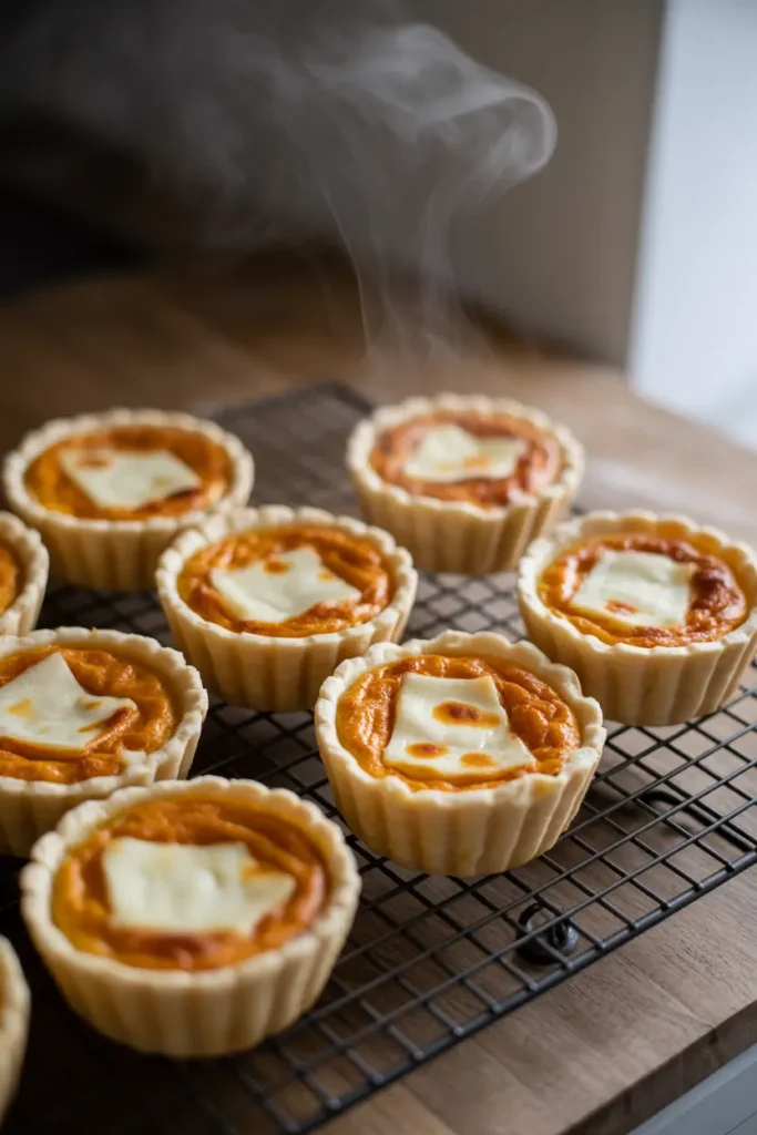 Freshly baked savory mini quiches with a golden crust, filled with a creamy pumpkin and smoked Gouda cheese filling.