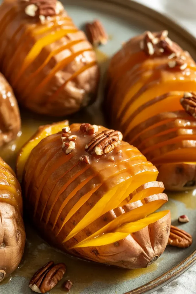 A platter of perfectly roasted Hasselback sweet potatoes, glistening with a pecan-maple glaze and herbs.