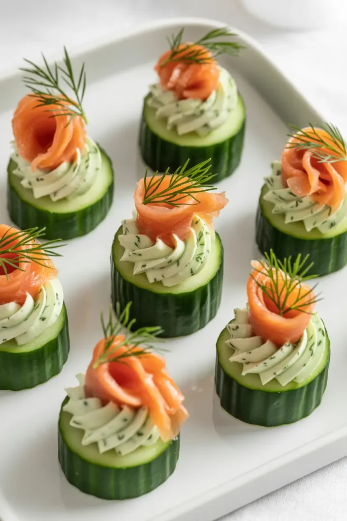 Fresh cucumber rounds topped with herbed cream cheese, smoked salmon, and a garnish of fresh dill.