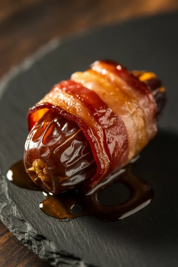 Crispy maple-glazed bacon wrapped around cream cheese stuffed Medjool dates on a dark slate platter.