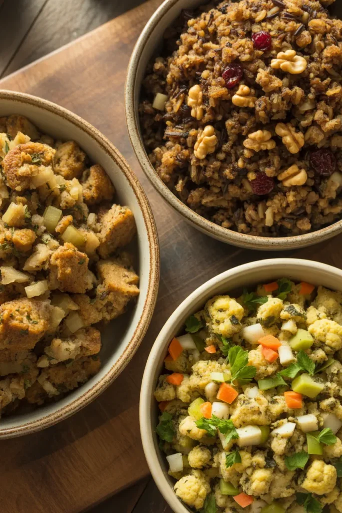Three different bowls of Thanksgiving stuffing side-by-side, including a traditional bread stuffing, a wild rice version, and a cauliflower option.