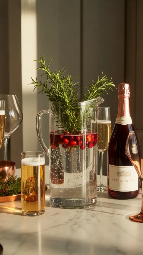 A stylish beverage station with a large glass pitcher of cranberry-rosemary infused water, local wine, and sparkling cider.