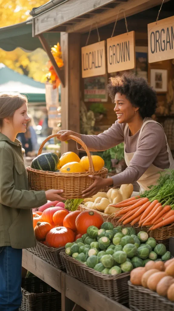 An illustration of a customer buying a basket of fresh produce from a smiling farmer at a local autumn farmer's market.