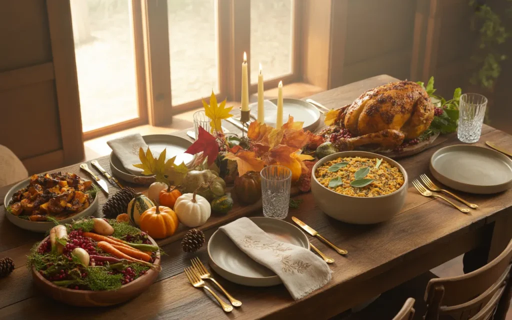 A beautifully set Thanksgiving table bathed in warm sunlight, featuring a roasted chicken, abundant vegetable side dishes, and natural, eco-friendly decorations.