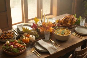 A beautifully set Thanksgiving table bathed in warm sunlight, featuring a roasted chicken, abundant vegetable side dishes, and natural, eco-friendly decorations.