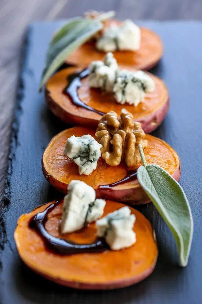 Roasted sweet potato crostini rounds topped with crumbled blue cheese, candied walnuts, and a balsamic glaze drizzle.