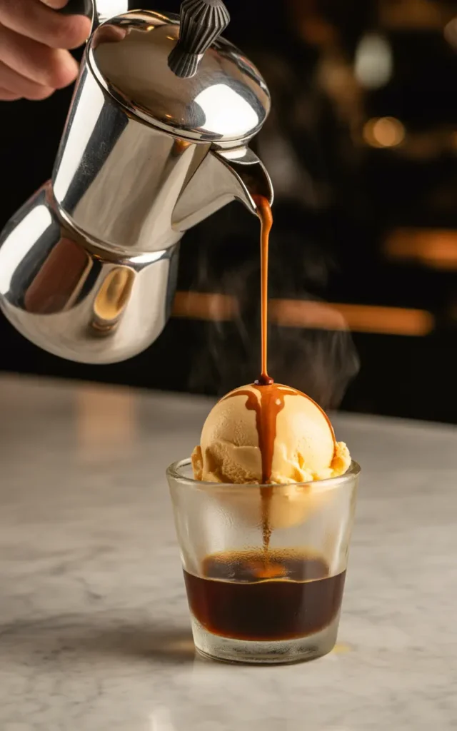 Hot espresso being poured over a scoop of sweet potato ice cream to create a Thanksgiving-themed affogato.