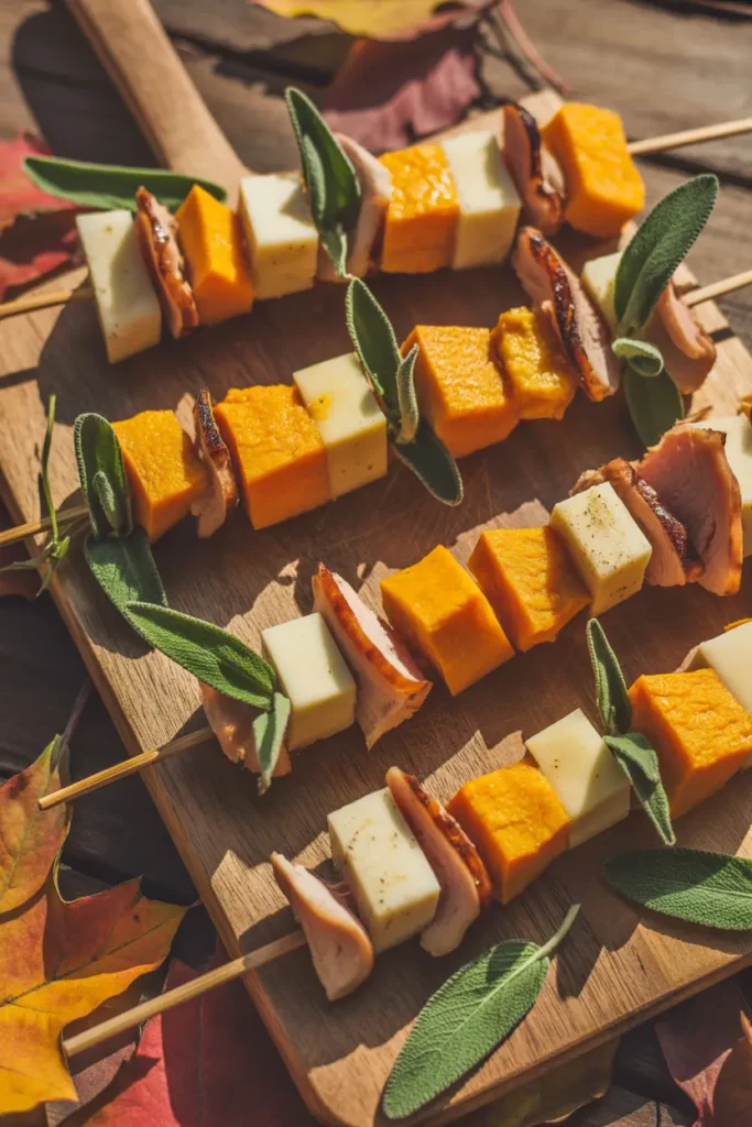 Colorful Thanksgiving antipasto skewers with roasted butternut squash, cheddar cheese, smoked turkey, and fresh sage on a wooden board.