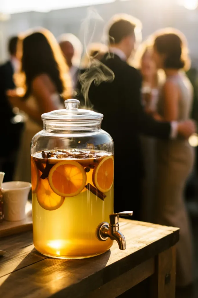 A large glass dispenser of hot mulled apple cider with cinnamon sticks and orange slices, ready for guests to serve themselves.
