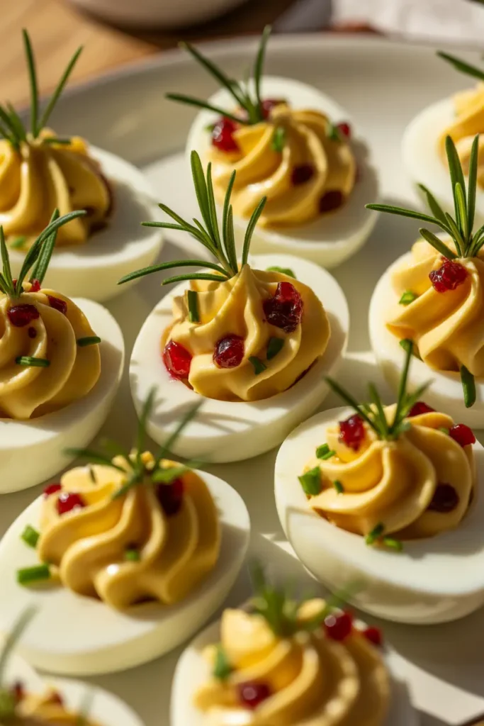Thanksgiving deviled eggs with creamy yolk filling, garnished with finely chopped cranberries and fresh rosemary.