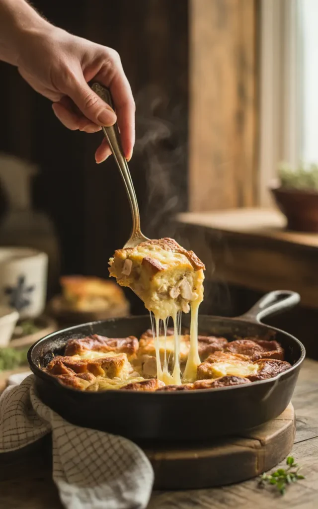 A serving spoon lifting a cheesy, layered slice of savory Thanksgiving bread pudding from a cast-iron skillet.