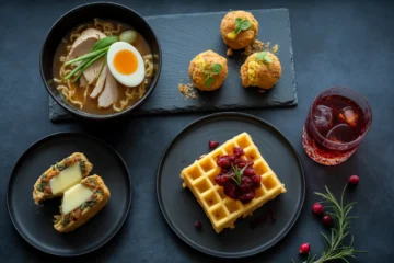 A stunning, dark, flat-lay photograph of a tasting menu made from transformed Thanksgiving leftovers, including a bowl of ramen, crispy arancini, a stuffing waffle, and a cranberry cocktail.