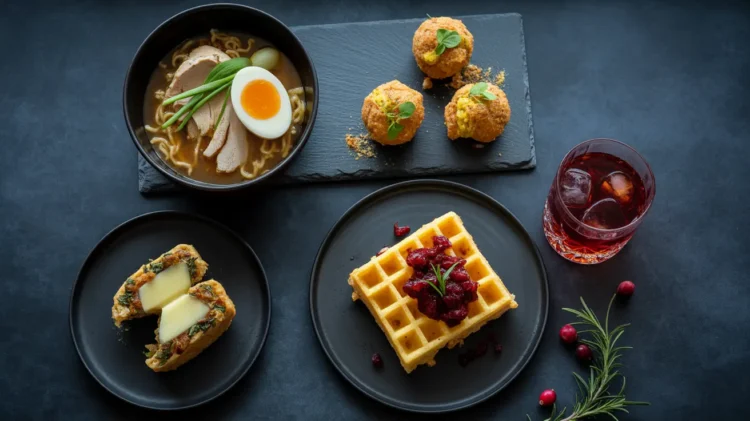 A stunning, dark, flat-lay photograph of a tasting menu made from transformed Thanksgiving leftovers, including a bowl of ramen, crispy arancini, a stuffing waffle, and a cranberry cocktail.