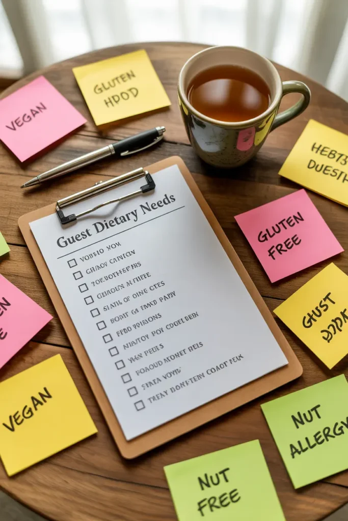 A flat-lay of a Thanksgiving planning clipboard with a checklist for guest dietary needs, surrounded by colorful sticky notes.