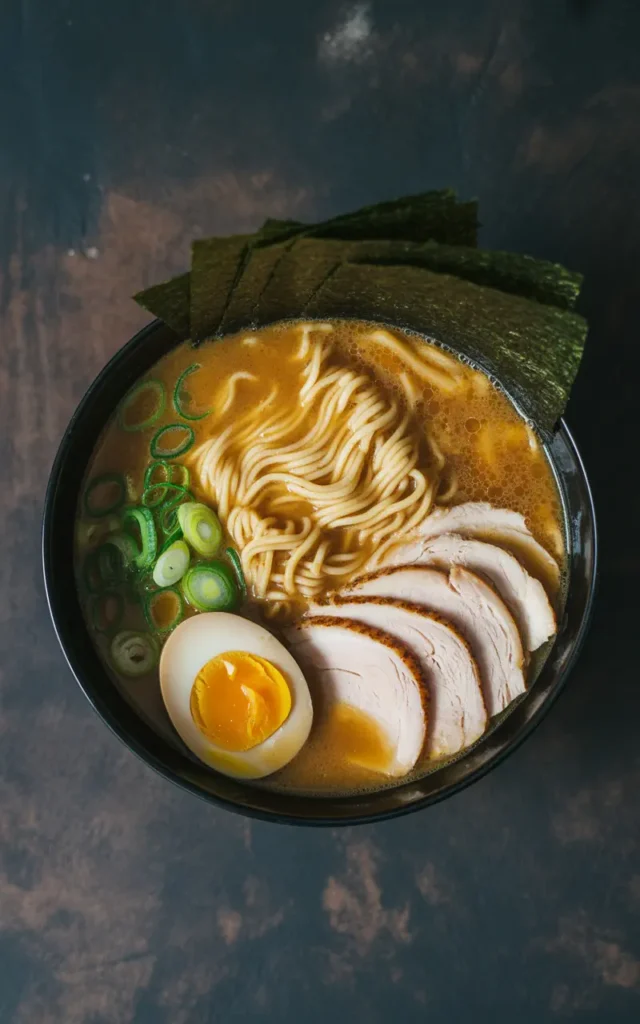 A beautifully composed, top-down view of a Thanksgiving turkey ramen bowl with a soft-boiled egg and scallions.