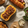A top-down view of a modern, inclusive Thanksgiving dinner table with dishes like Hasselback sweet potatoes, stuffed butternut squash, and a kale salad, with small labels indicating dietary information.