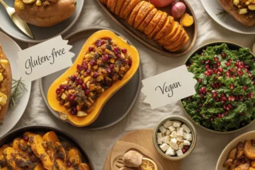 A top-down view of a modern, inclusive Thanksgiving dinner table with dishes like Hasselback sweet potatoes, stuffed butternut squash, and a kale salad, with small labels indicating dietary information.