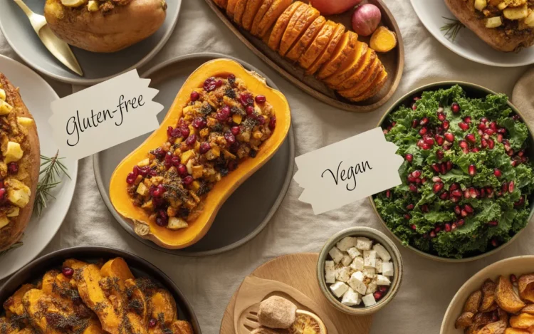 A top-down view of a modern, inclusive Thanksgiving dinner table with dishes like Hasselback sweet potatoes, stuffed butternut squash, and a kale salad, with small labels indicating dietary information.