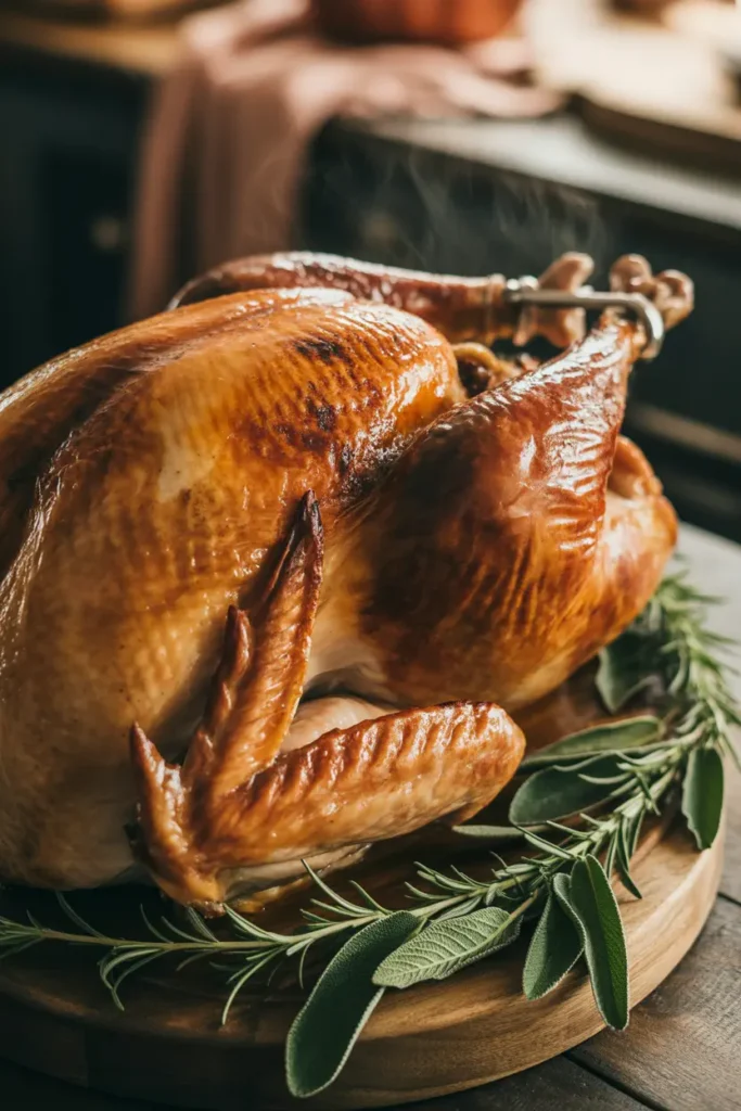 A perfectly roasted, golden-brown Thanksgiving turkey resting on a carving board, garnished with fresh herbs.