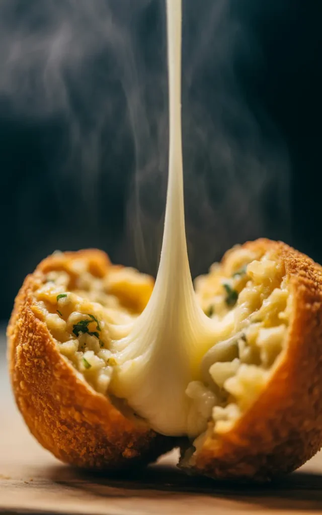 A close-up of a fried stuffing arancini ball broken in half, with a long, dramatic cheese pull stretching from the center.
