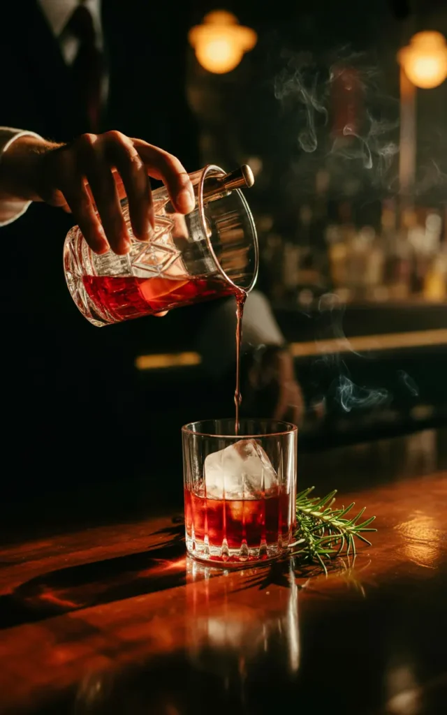 A bartender pouring a deep red cranberry cocktail into an elegant glass in a dimly lit, sophisticated setting.