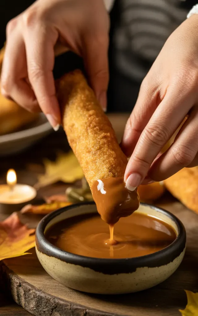 A hand dipping a crispy, golden Thanksgiving egg roll into a small bowl of rich turkey gravy.