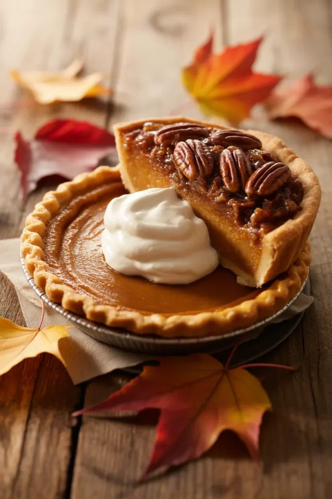 Slices of classic pumpkin pie and pecan pie sitting next to each other on a rustic wooden table.