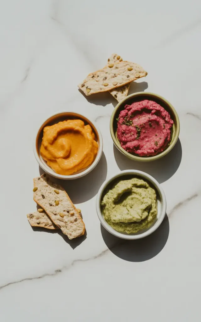 Three modern ceramic bowls containing vibrant orange, pink, and green dips made from leftover Thanksgiving vegetables.