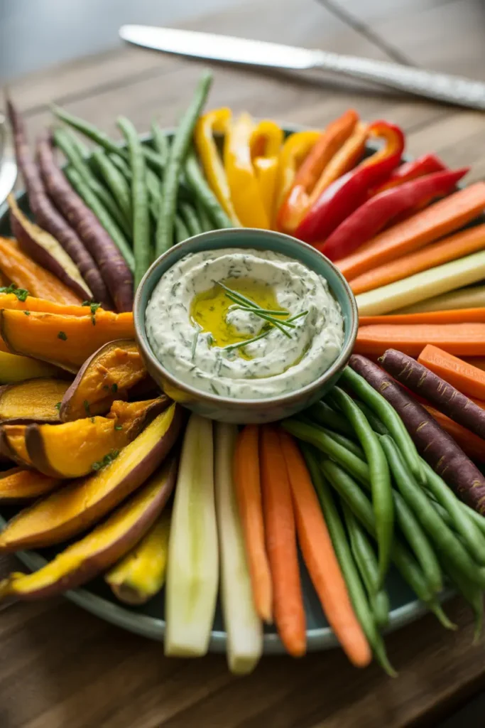 A colorful, round vegetable platter with seasonal vegetables like carrots and green beans arranged beautifully around a dip.