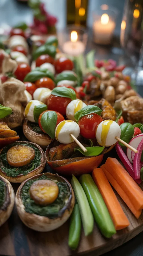 A close-up, photorealistic image of a rustic appetizer board featuring Caprese skewers, stuffed mushrooms, and fresh vegetable crudités.
