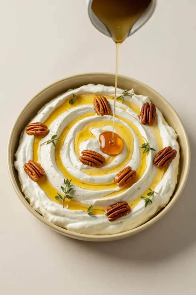 A bowl of creamy whipped feta dip being drizzled with hot honey and topped with toasted pecans and fresh thyme.